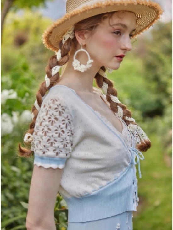 Lacemade Tops - Lacemade Vintage-Inspired Crochet Sleeve Top in Cream & Light Blue Size M